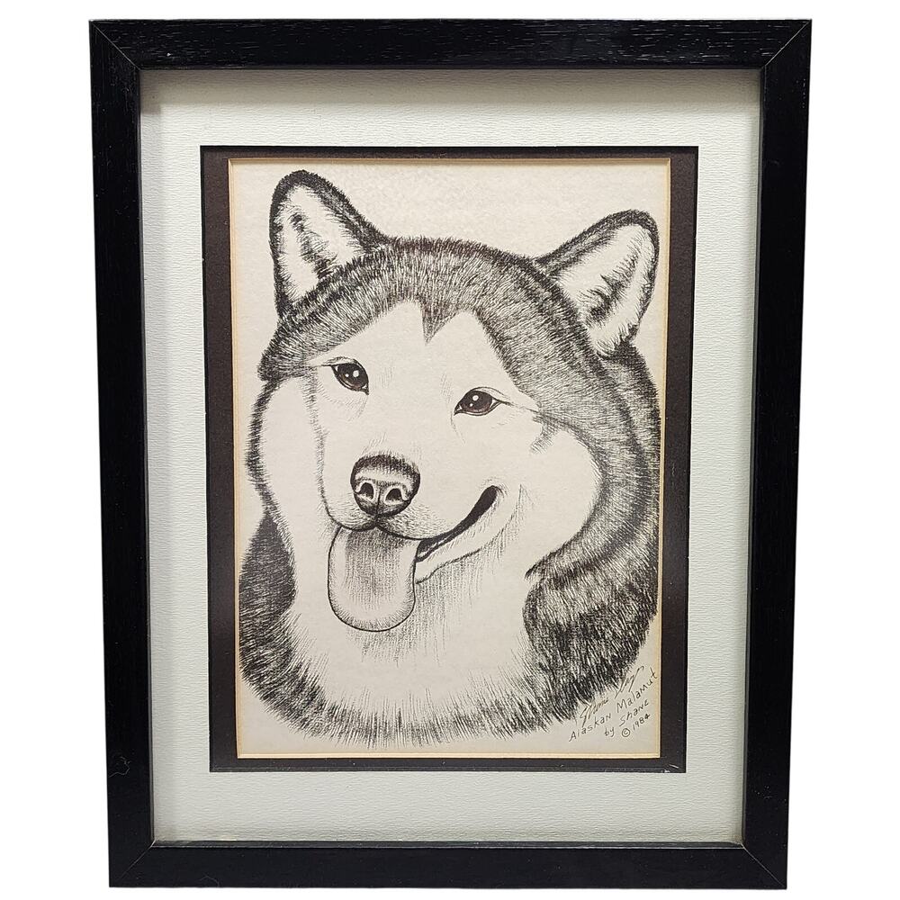 Alaskan Malamute Husky Dog Pen and Ink Drawing Art Print Signed By Shane 1984